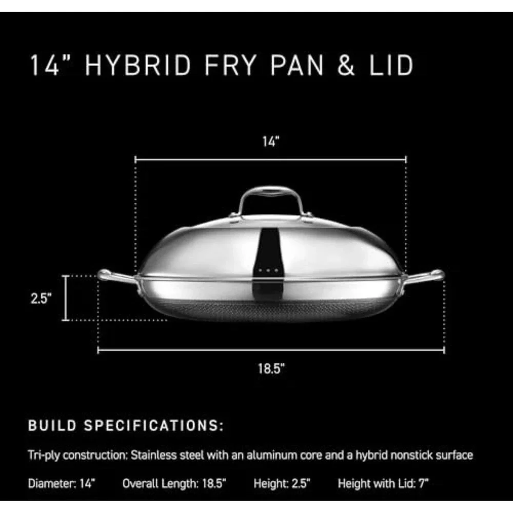 HexClad 14 Inch Hybrid Stainless Steel Nonstick Fry Pan with Tempered Glass Lid